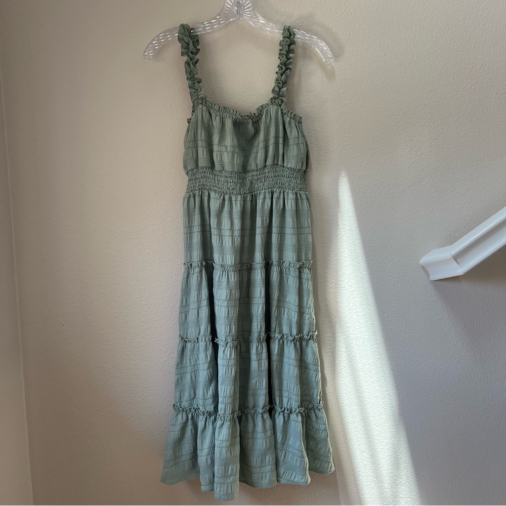 Light Sage Tiered Ruffle-Strap Midi Dress